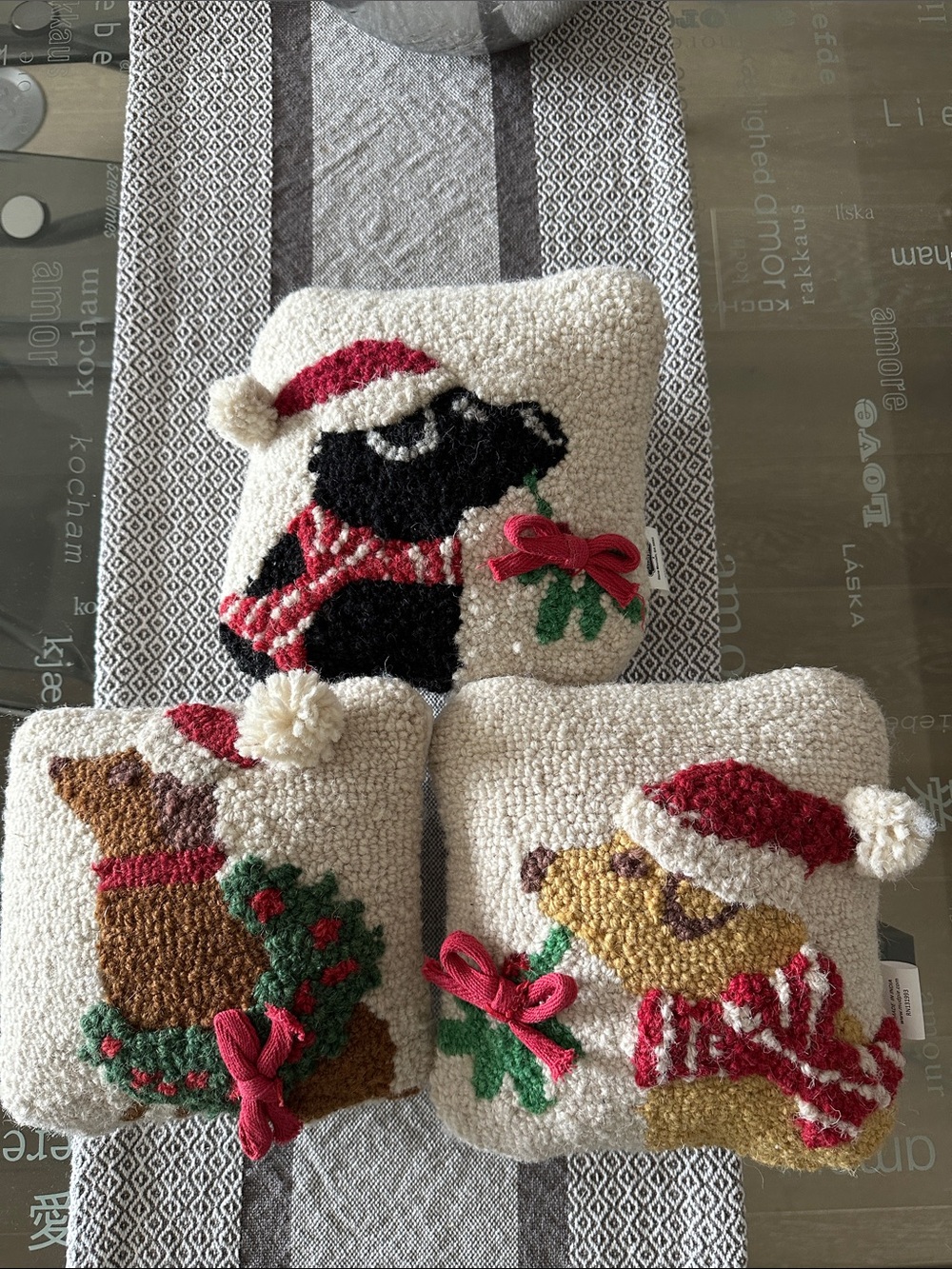 New set of 3 Christmas hooked wool dog pillows Mud Pie